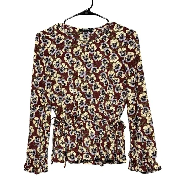 Madewell Drawstring Ruffle-Hem Top Viola Floral Pansy Print S - Picture 3 of 10